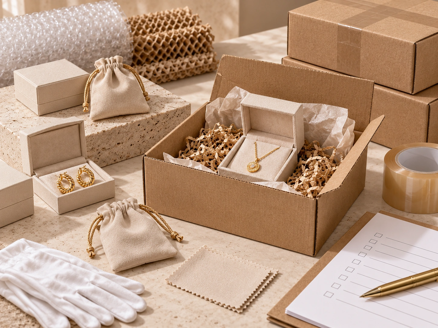 Illustrative jewelry export packing scene with protective packaging and shipping cartons