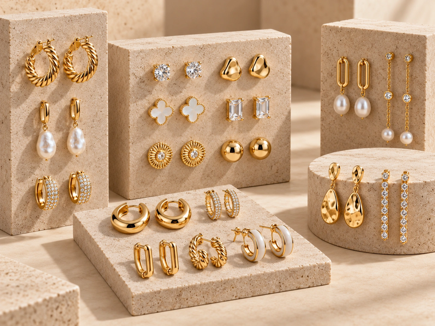 Wholesale earrings assortment including hoops, studs, drops and pearl styles
