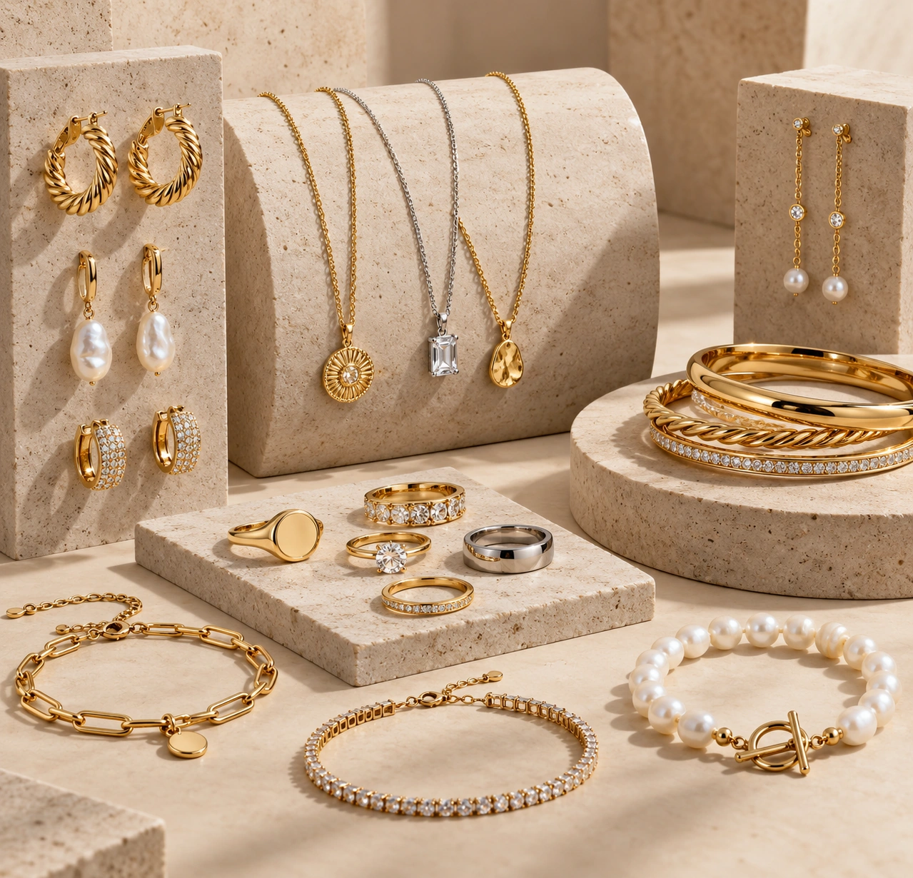 Wholesale jewelry assortment with necklaces, earrings, bracelets and rings displayed on warm neutral stone