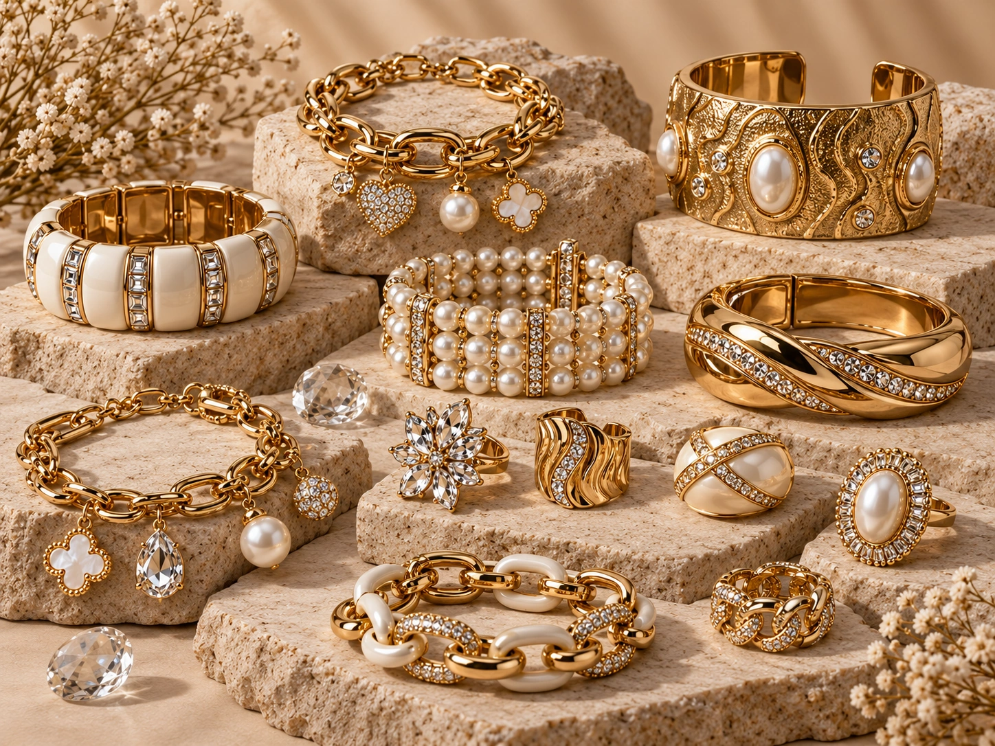 Custom costume jewelry bracelets, rings and charms in a coordinated collection