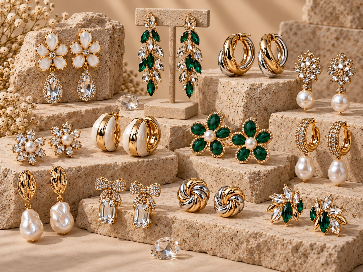 Custom costume jewelry earrings with crystals, pearls and mixed metallic finishes