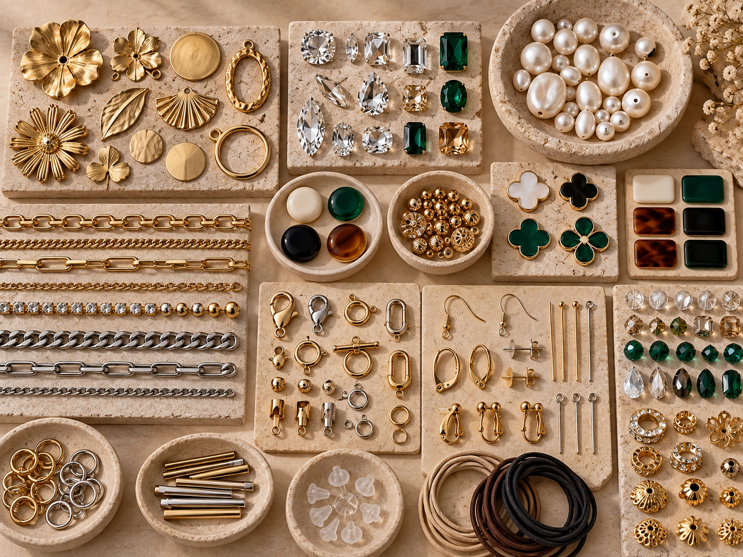 Jewelry material and component assortment including metal parts, crystals, pearls, chains and findings