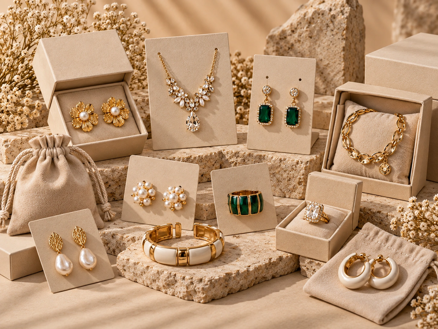 Neutral private label jewelry packaging with boxes, cards, pouches and costume jewelry
