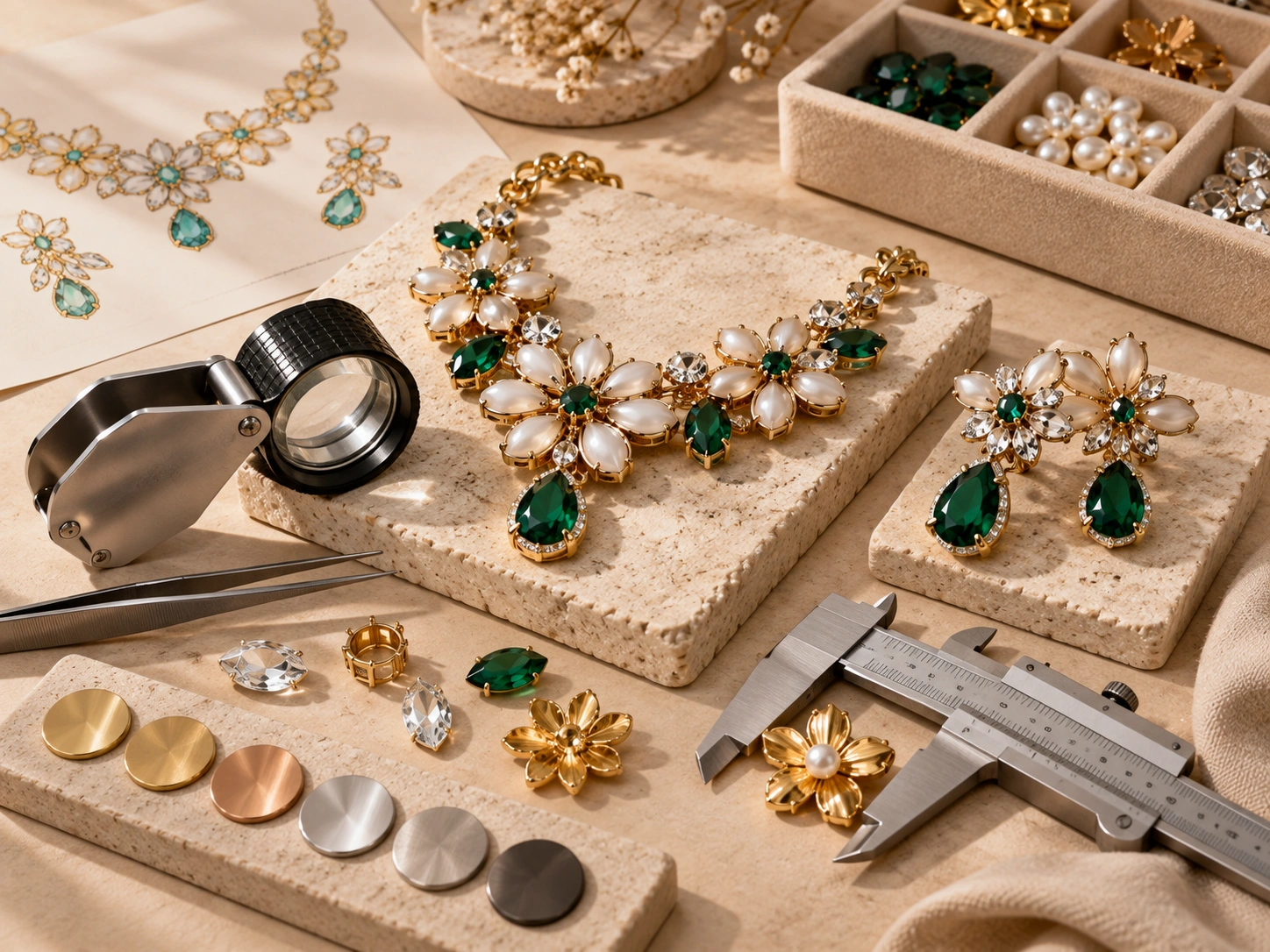 Illustrative custom costume jewelry sample inspection with loupe and caliper