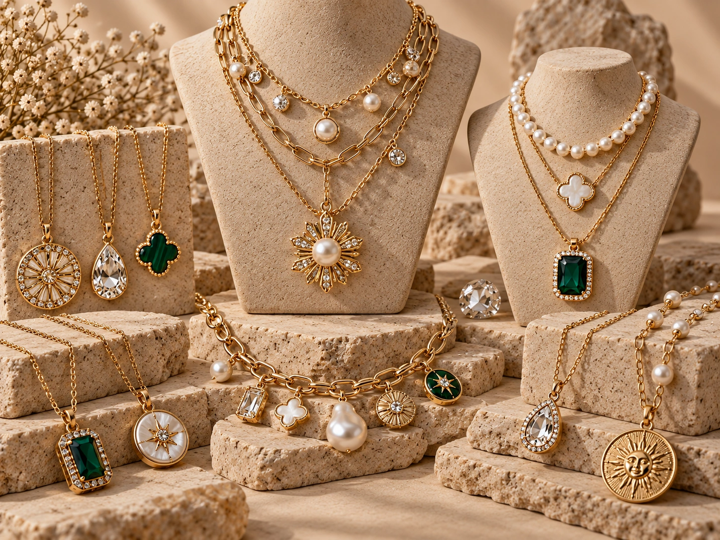 Custom fashion jewelry necklaces and pendants with pearl, crystal and decorative details