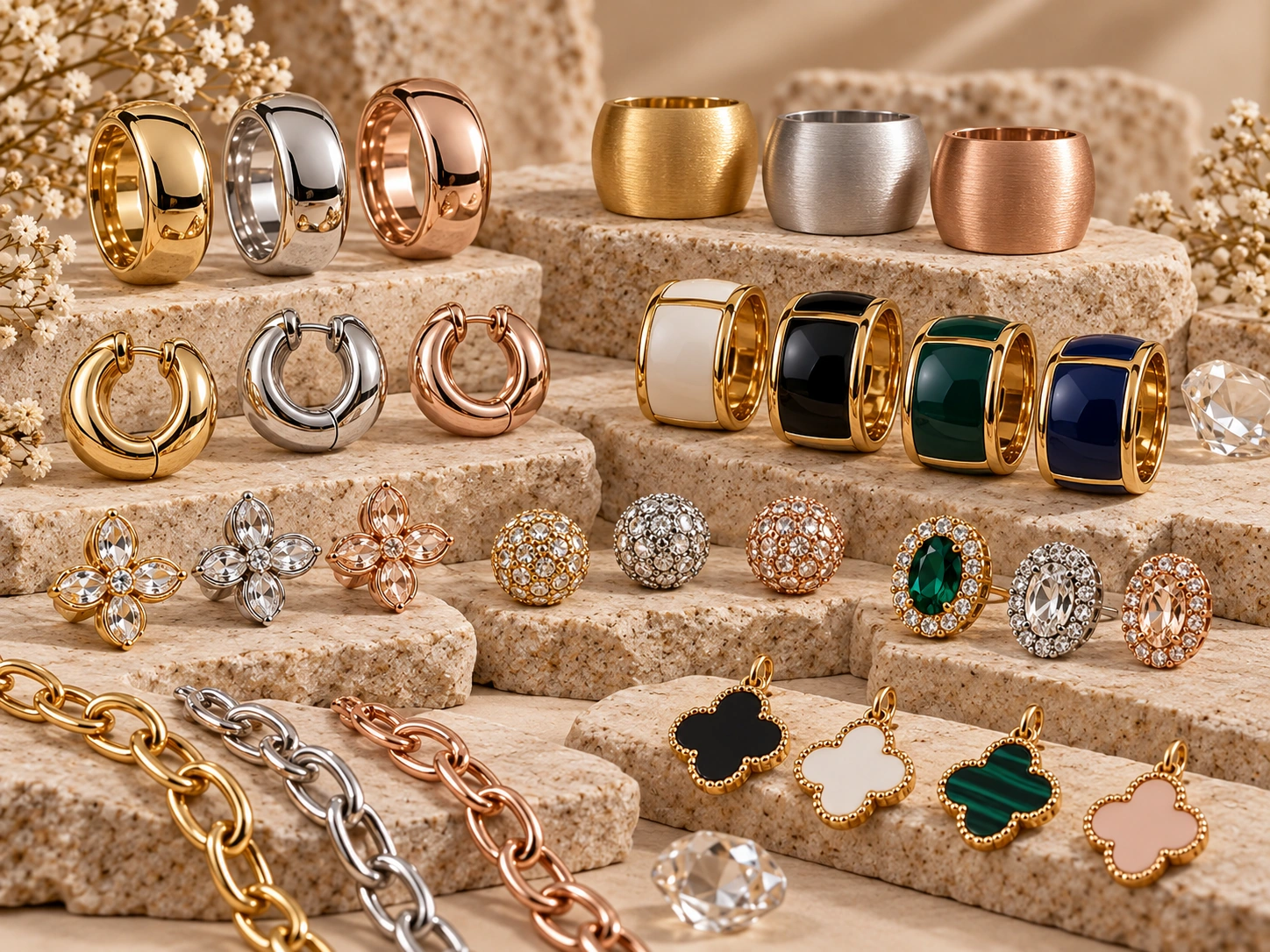 Fashion jewelry finish comparison with gold tone, silver tone, rose gold tone, enamel and crystal details