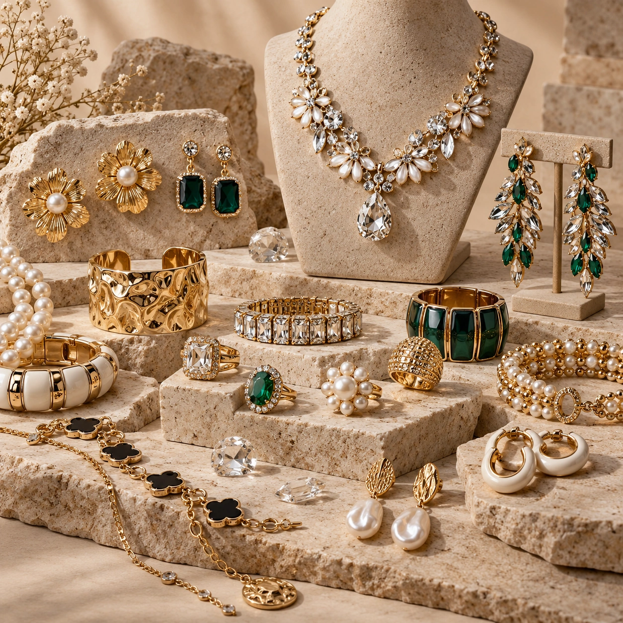 Custom fashion and costume jewelry collection with statement earrings, crystals, pearls and mixed finishes