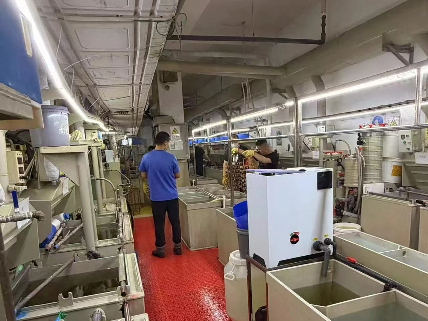 Workshop interior with production tanks, hanging racks and a central aisle